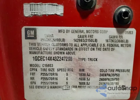 2003 Chevrolet Silverado C1500 z USA, uszkodzony, nr VIN 1GCEC14X43Z247208